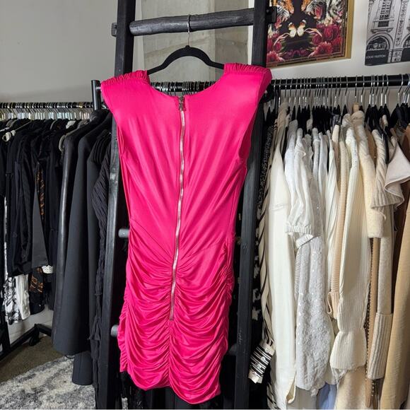 Balmain Fuchsia Ruched Mini Dress Metallic Shine V-Neck Pointed Shoulder - Picture 11 of 16